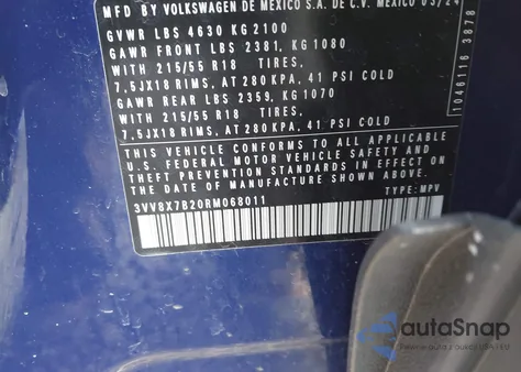 2024 Volkswagen Taos 1.5T S z USA, uszkodzony, nr VIN 3VV8X7B20RM068011